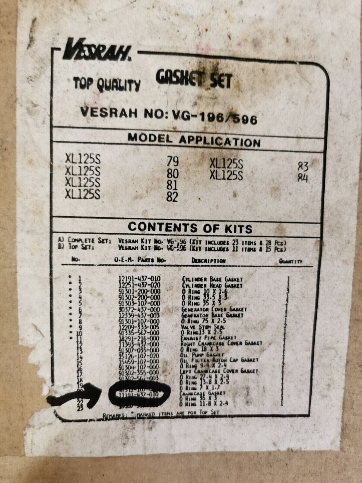 NOS VESRAH HONDA XL125S CRANKCASE GASKET KIT SET INCOMPLETE VG-196/596 J49
