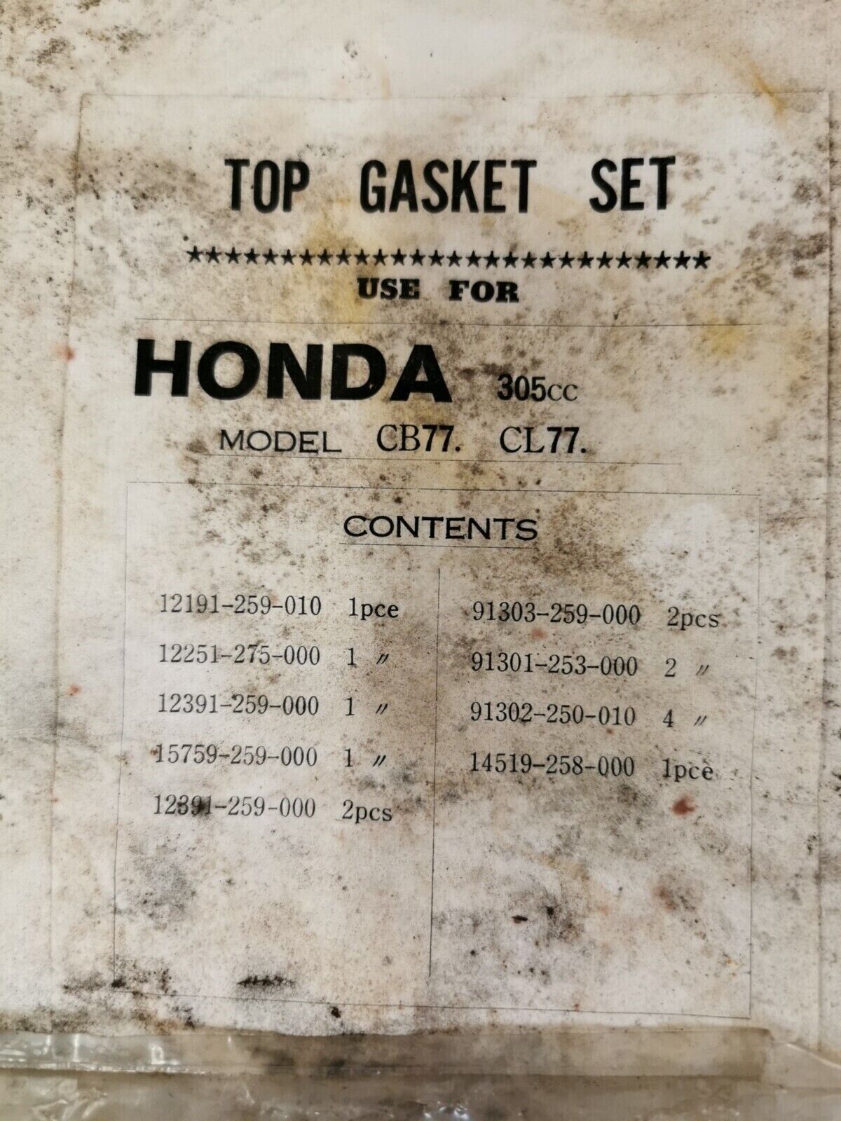 NOS HONDA 305CC CB77 CL77 TOP END GASKET KIT SET INCOMPLETE J49