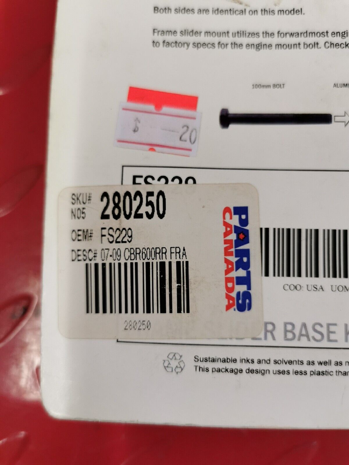 NOS VORTEX HONDA CBR600RR  2007 - 2009  FRAME SLIDER BASE KIT  FS229 J17