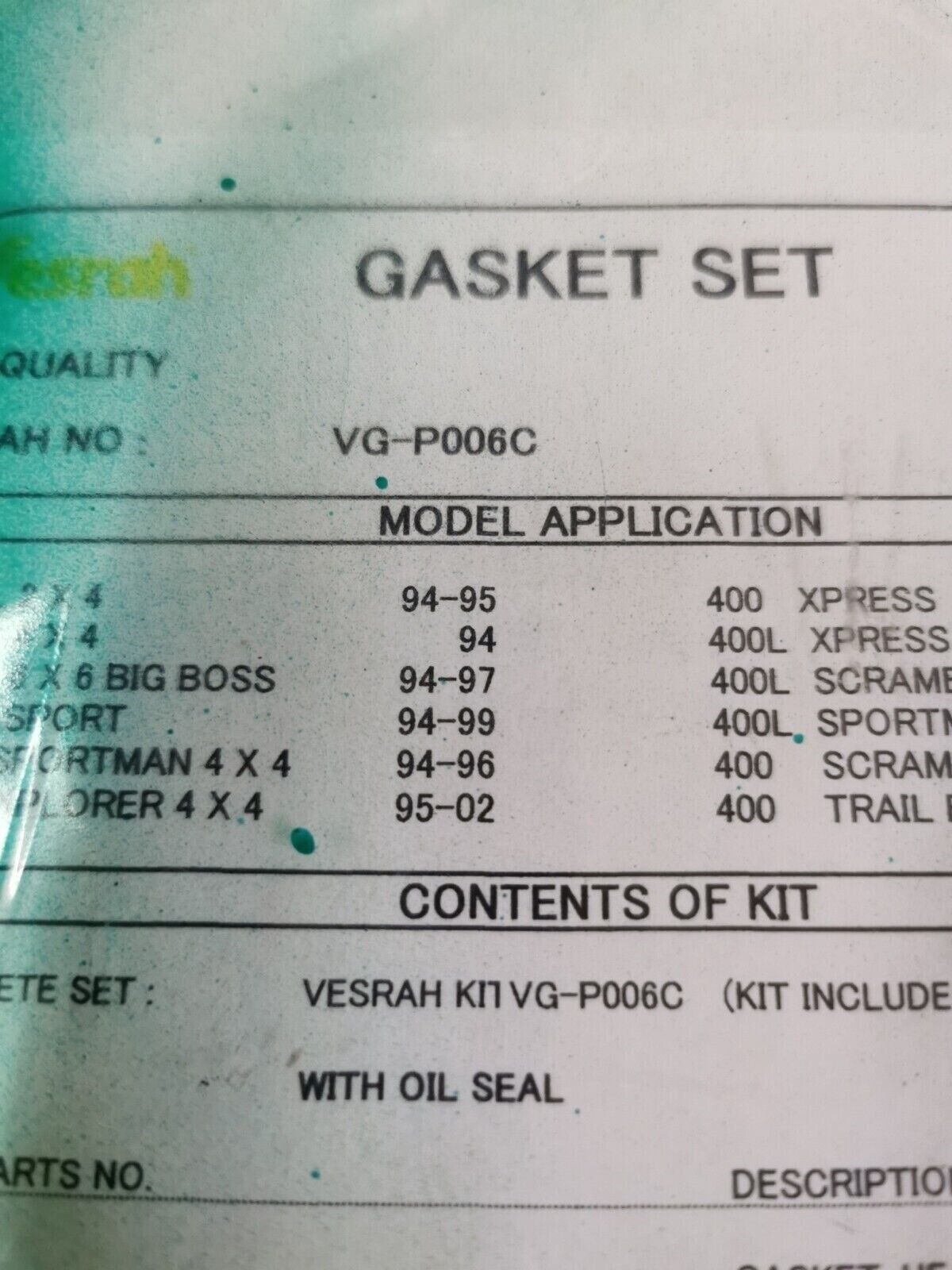 NOS VESRAH POLARIS 400L SCRAMBLER SPORTMAN INCOMPLETE GASKET KIT VG-P006C J46