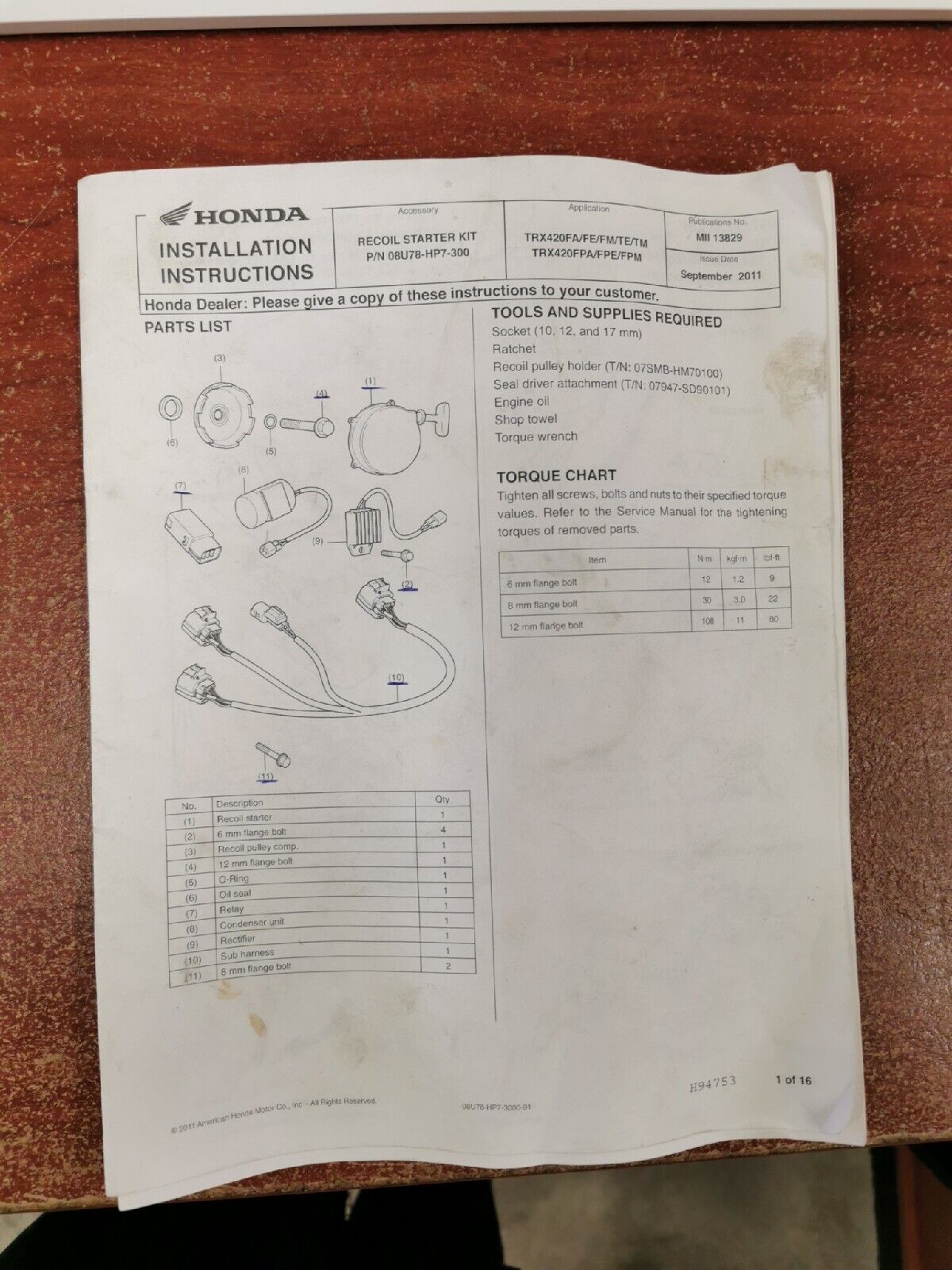 NOS Honda TRX420 RECOIL STARTER KIT INCOMPLETE 08U78-HP7-300 H7