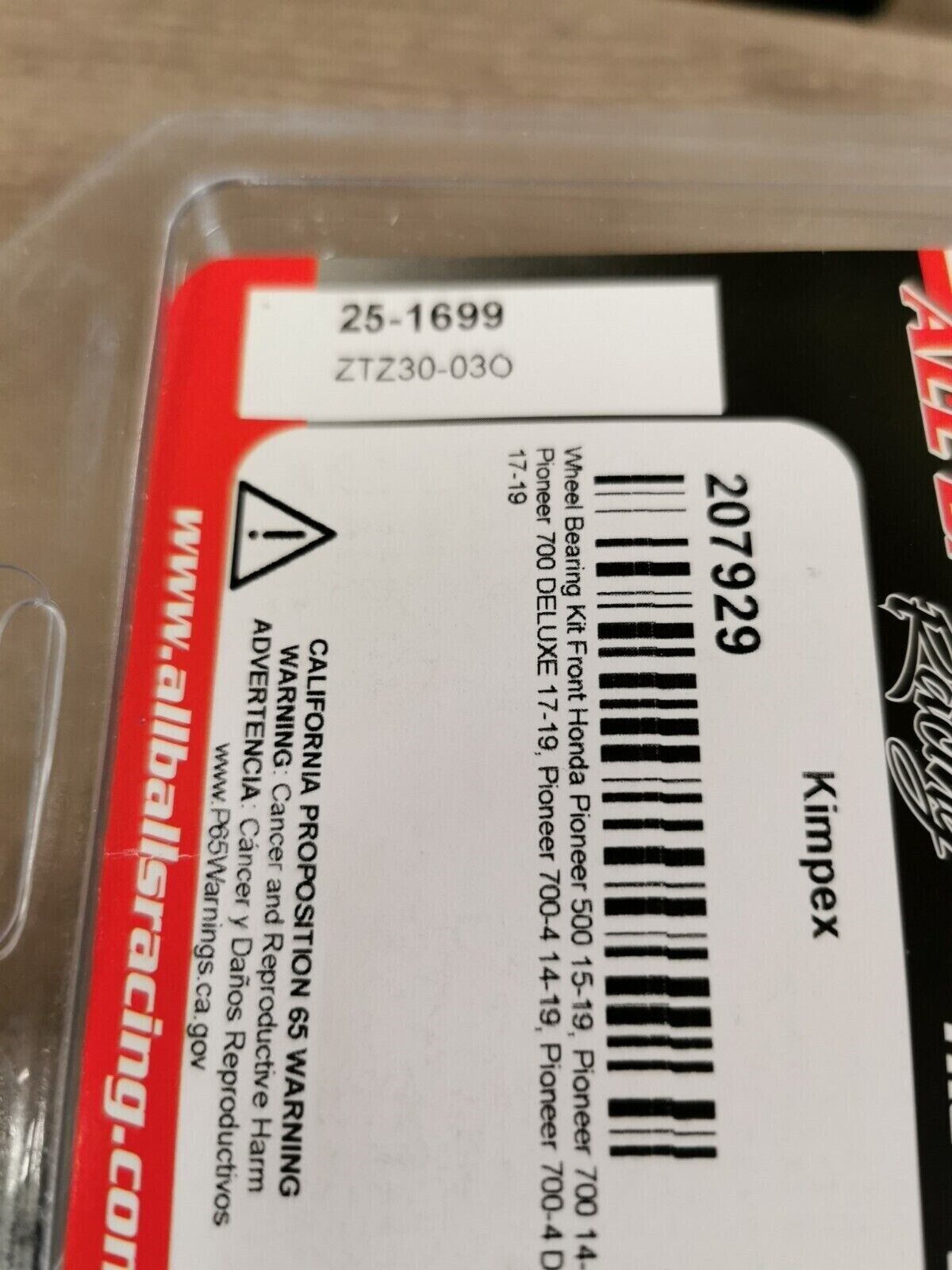 NOS ALL BALLS Honda Pioneer 500 700 Deluxe Wheel Bearing Kit Front  25-1699 J50