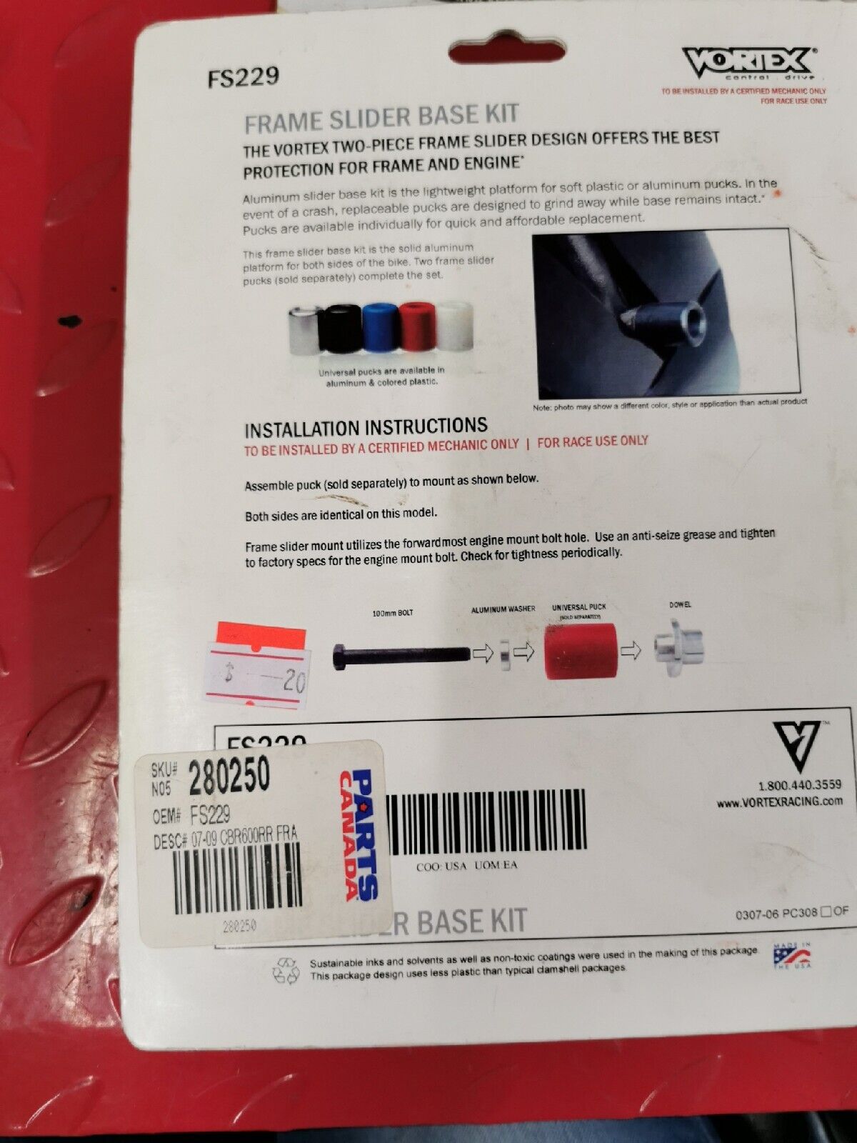 NOS VORTEX HONDA CBR600RR  2007 - 2009  FRAME SLIDER BASE KIT  FS229 J17