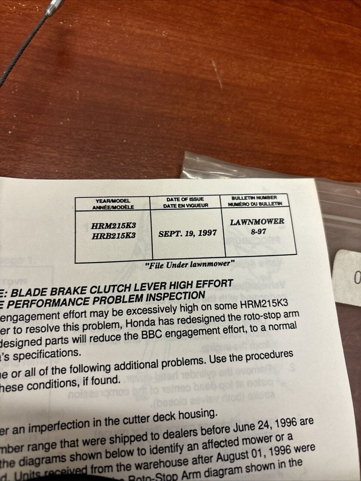 NOS Honda HRM215K3 HRB215K3 RECALL KIT 54530-VE2-M11 75130-VE1-L10 H160
