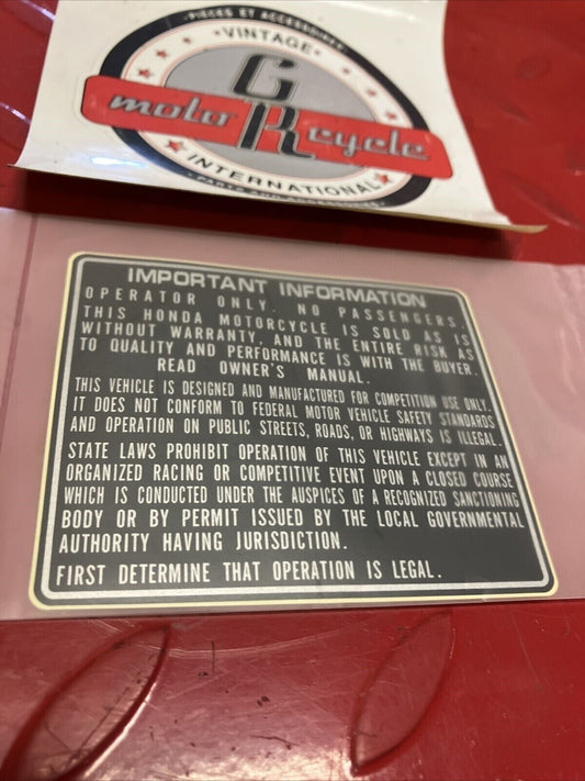 NEW HONDA CR125R CR250R CR500R WARNING LABEL 87560-GBF-770 H100