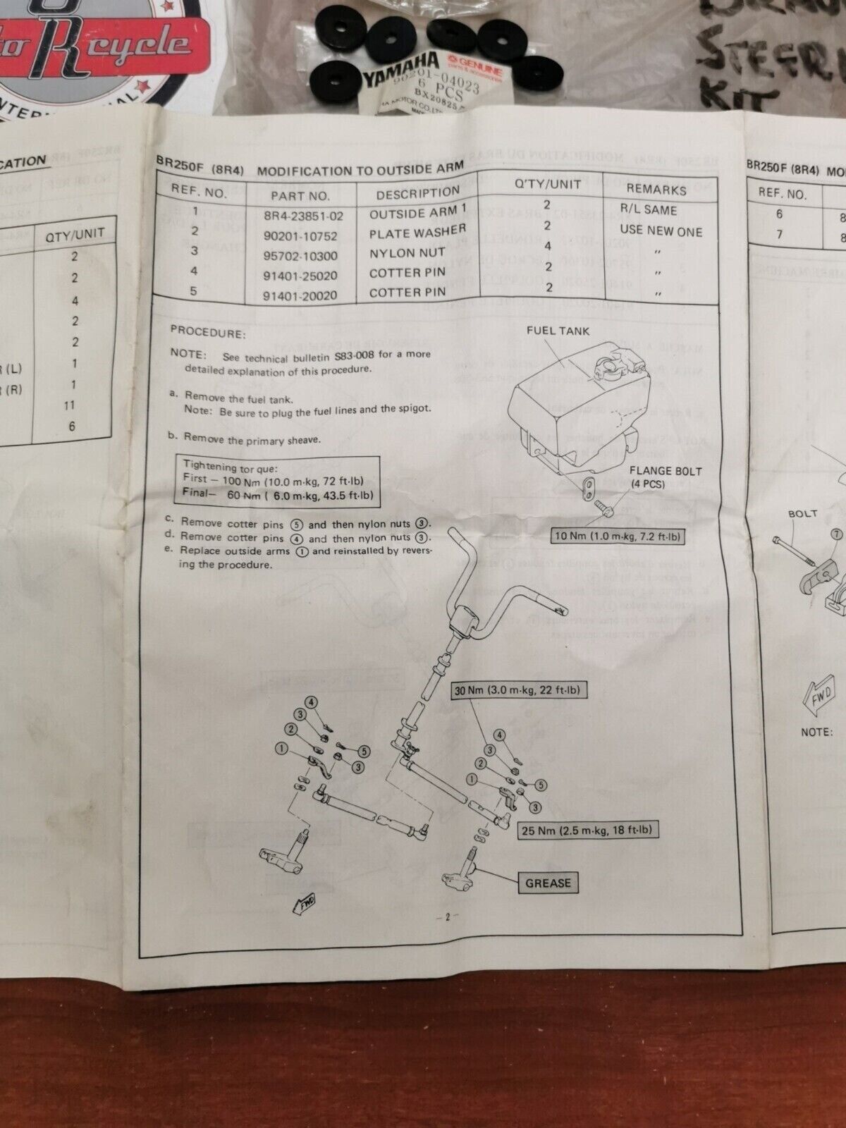 NOS Yamaha BR250F STEERING MODIF. KIT 90891-50026-00 SUB. 90891-50025-00 Y88