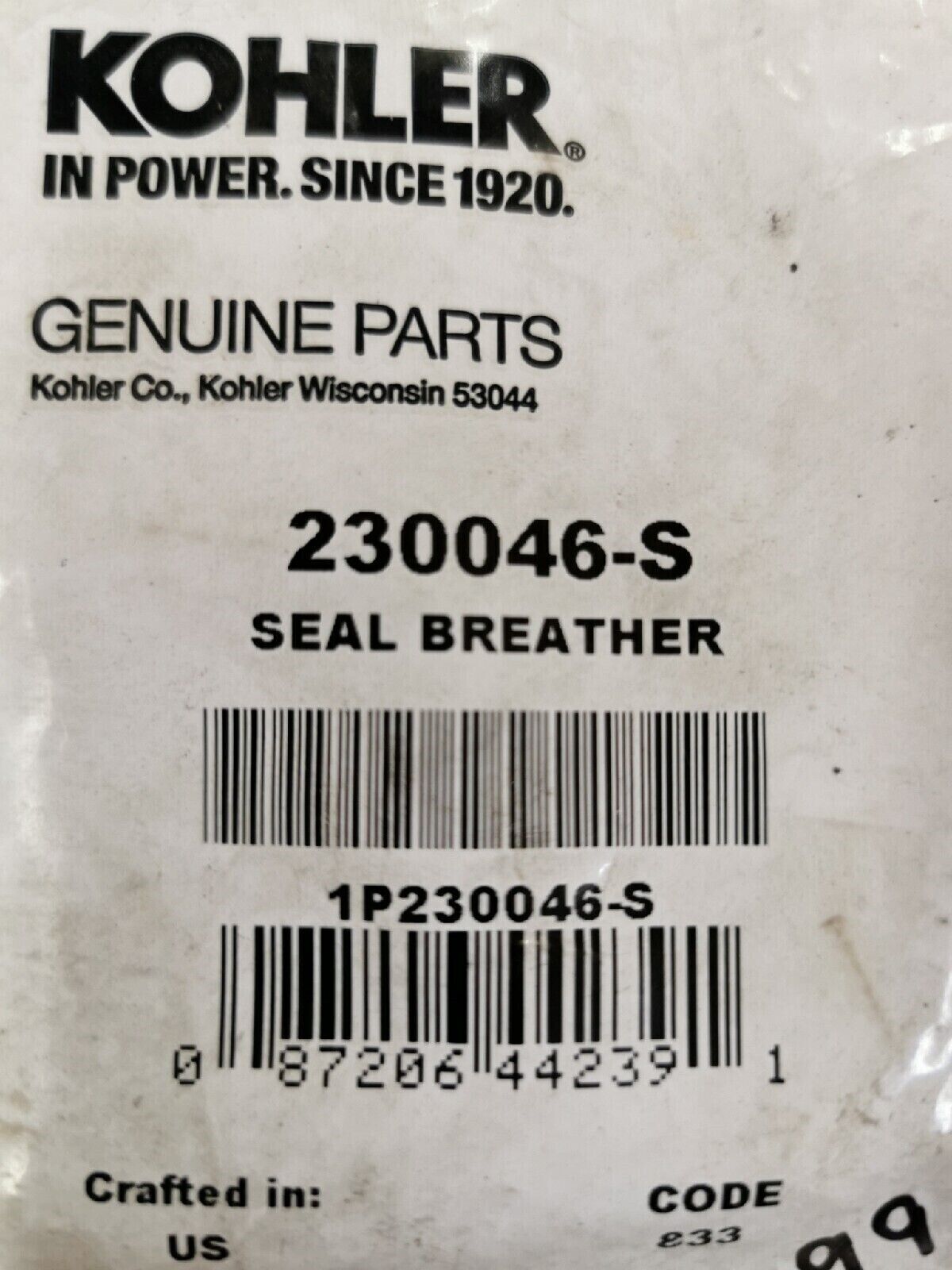 NOS KOHLER Replacement Seal Breather  230046-S  A3