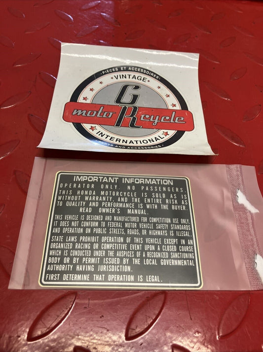 NEW HONDA CR125R CR250R CR500R WARNING LABEL 87560-GBF-770 H100