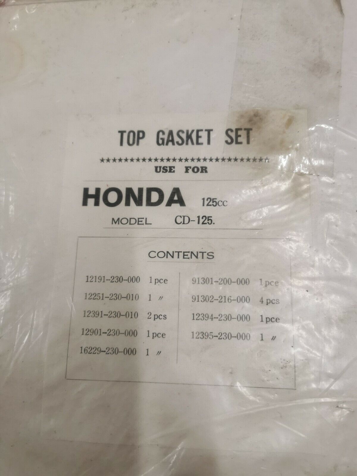 NOS Honda 125cc. CD125 TOP SET GASKET KIT H2