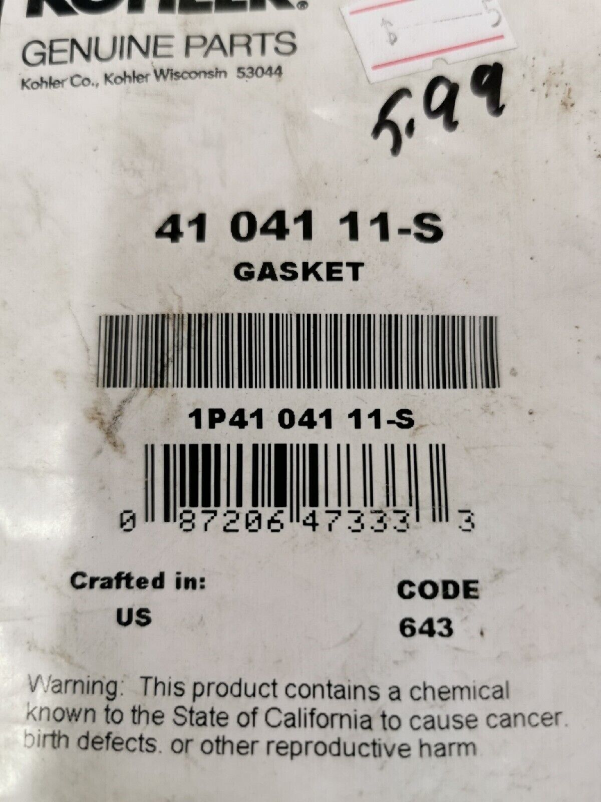 NOS KOHLER  Gasket  41-041-11-S   A3