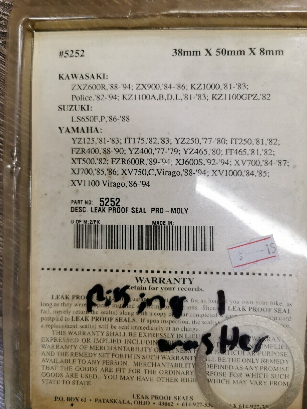 NOS PRO-MOLY YZ125 YZ250 FZR600R XV750 MISSING 1 WASHER  Fork Seal  5252 J18