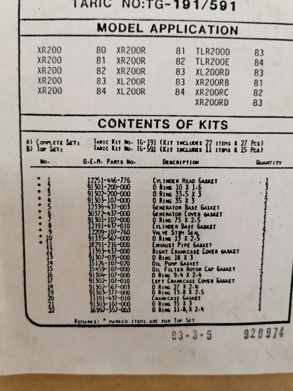 NOS TARIC Honda 1980 - 1984 XR200 1983 1984 XL200 TLR200 GASKET TOP END KIT  H30