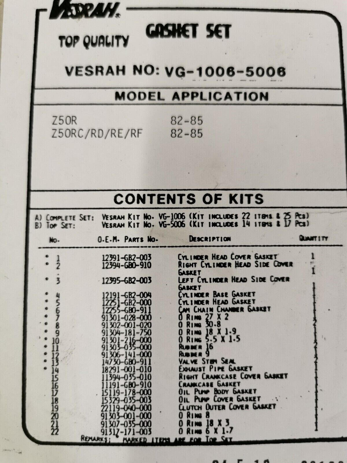 NOS VESRAH Z50R Z50C 1982 - 1985 INCOMPLETE GASKET KIT VG-1006-5006 J46