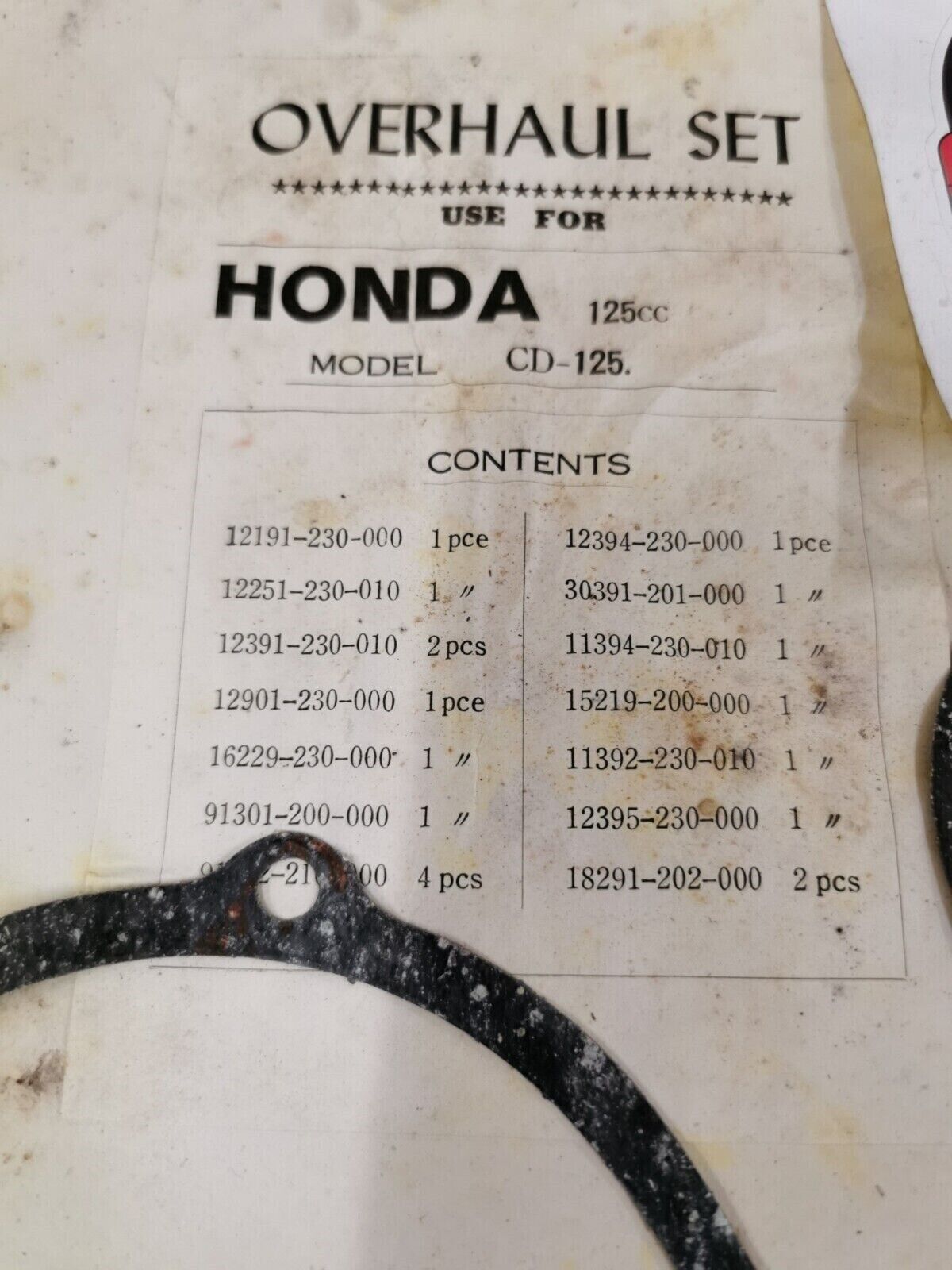 NOS HONDA 125CC CD125CC COMPLETE GASKET KIT INCOMPLETE SET J49