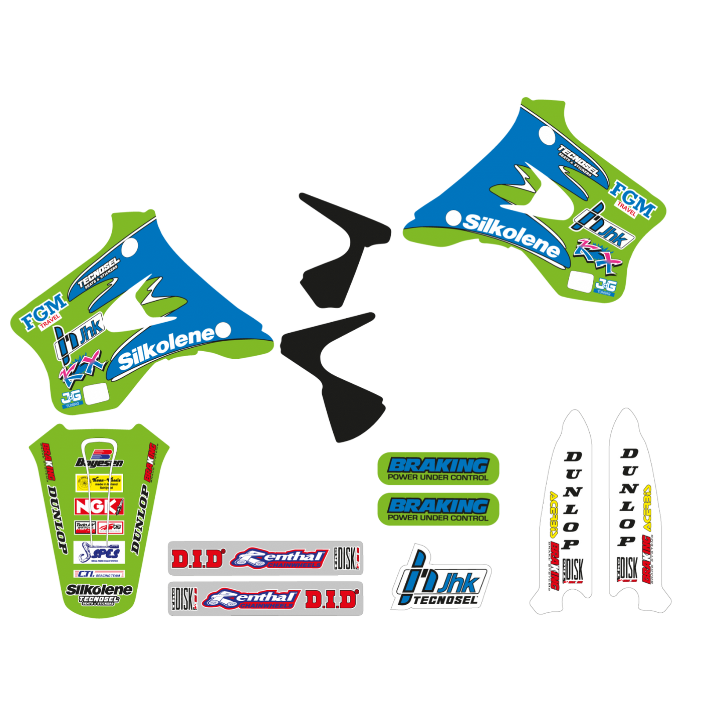 Complete Set Team Kawasaki 1994 tecnosel graphic decal kit KX125 KX250 1994-1998