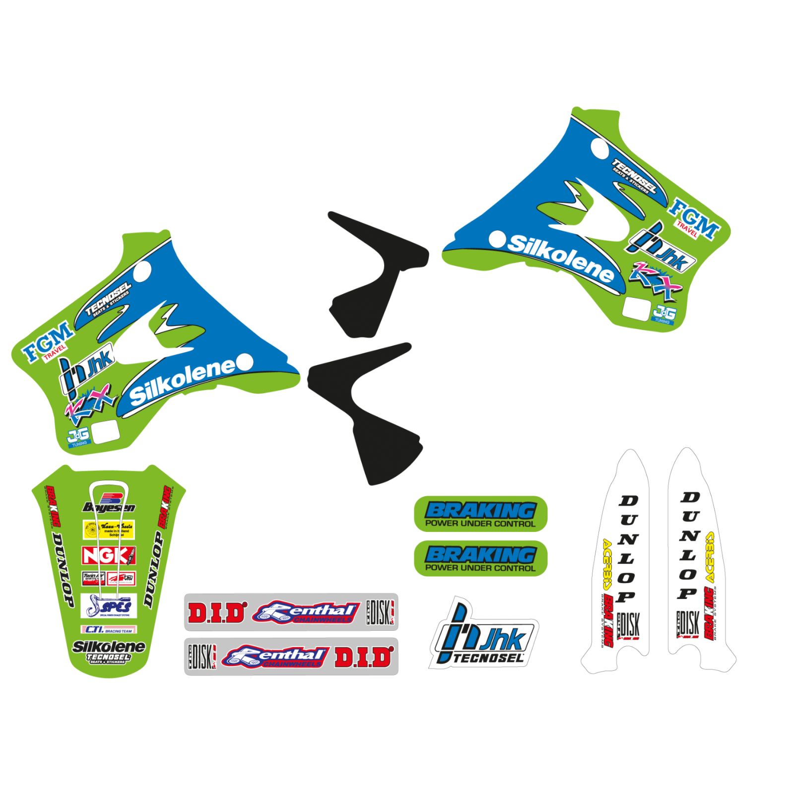 Complete Set Team Kawasaki 1994 tecnosel graphic decal kit KX125 KX250 1994-1998