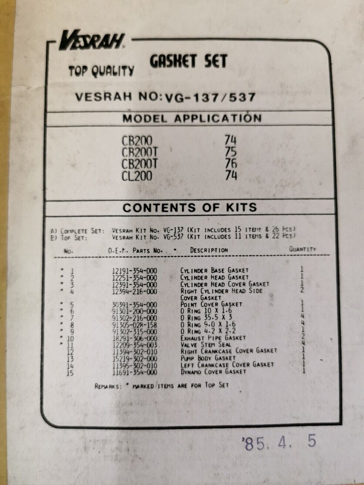 NOS VESRAH HONDA CB200 CB200T INCOMPLETE GASKET KIT VG-137 J46