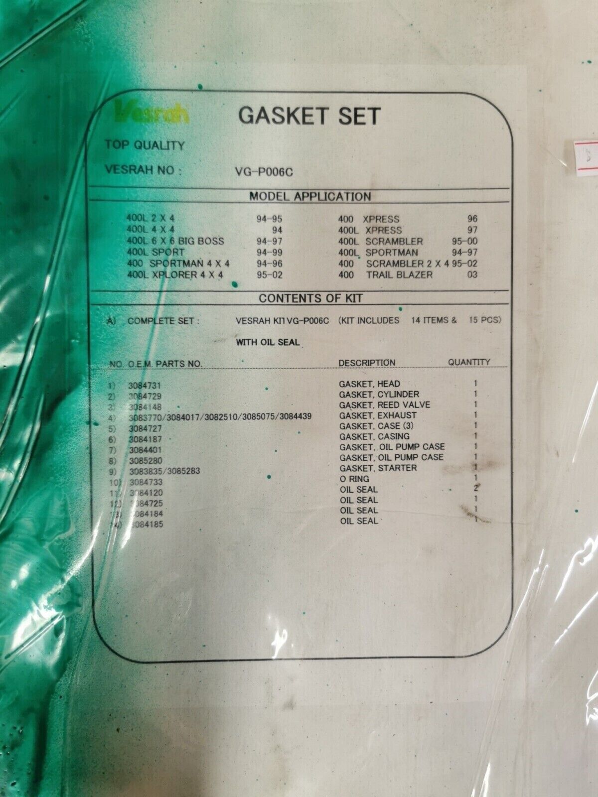 NOS VESRAH POLARIS 400L SCRAMBLER SPORTMAN INCOMPLETE GASKET KIT VG-P006C J46