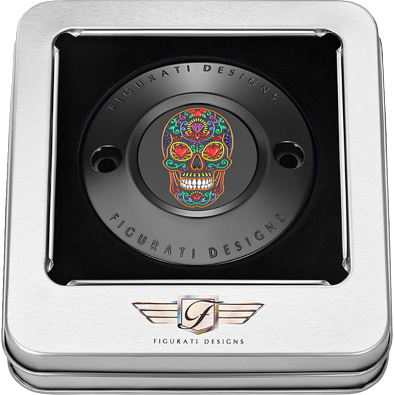 FIGURATI DESIGNS TIMING COVER BLACK WITH SUGAR SKULL-FIRE, 2-HOLE FD30-TC-2H-BLK