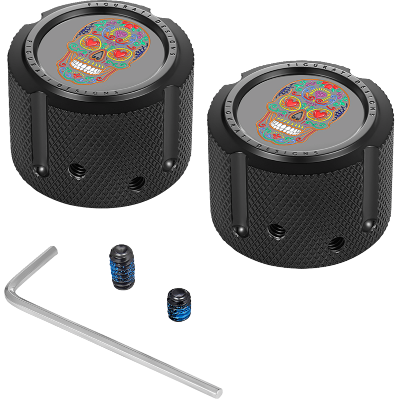 FIGURATI DESIGNS FRONT AXLE NUT COVERS BLACK WITH SUGAR SKULLS FD30-FAC-BLK