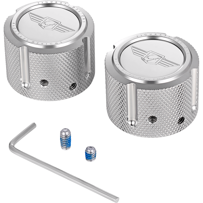 FIGURATI DESIGNS FRONT AXLE NUT COVERS SILVER WITH FIGURATI DESIGNS LOGO FD01-FAC-SS