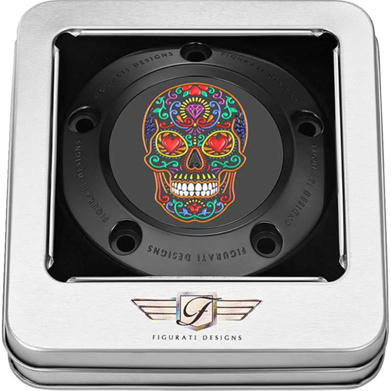 FIGURATI DESIGNS TIMING COVER BLACK WITH SUGAR SKULL-FIRE, 5-HOLE FD30-TC-5H-BLK