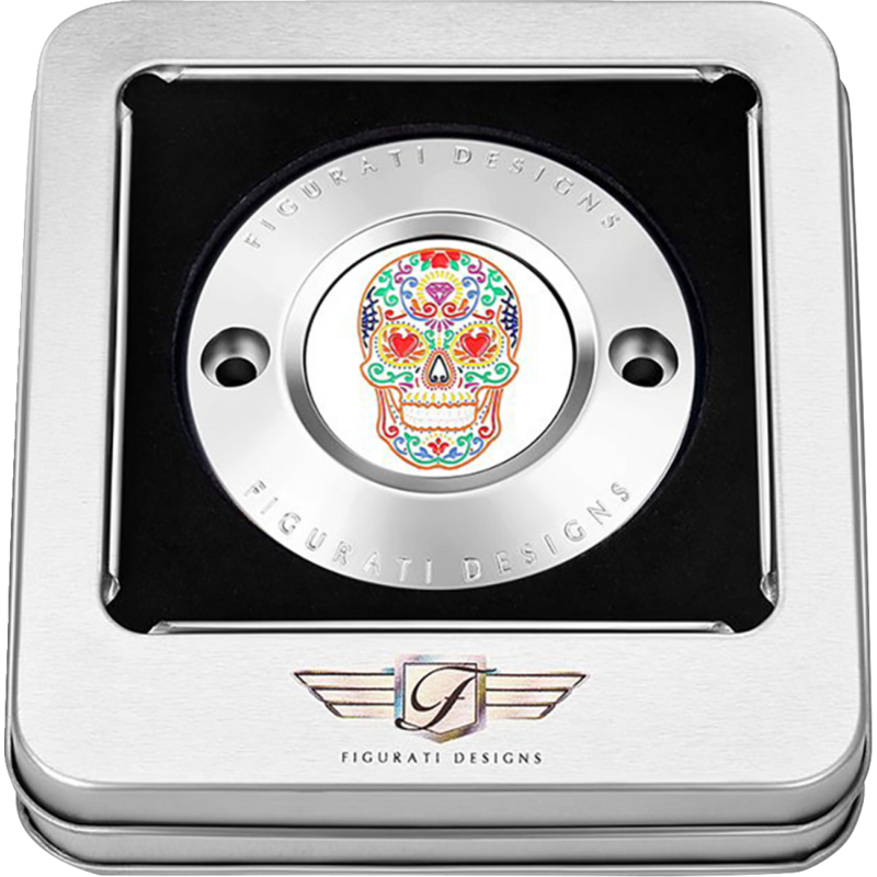 FIGURATI DESIGNS TIMING COVER SILVER WITH SUGAR SKULL-FIRE, 2-HOLE FD30-TC-2H-SS