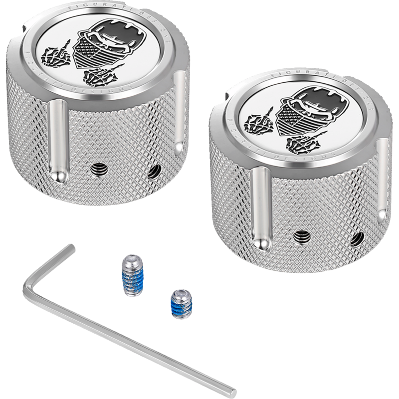 FIGURATI DESIGNS FRONT AXLE NUT COVERS SILVER WITH MASKED SKULL FD29-FAC-SS