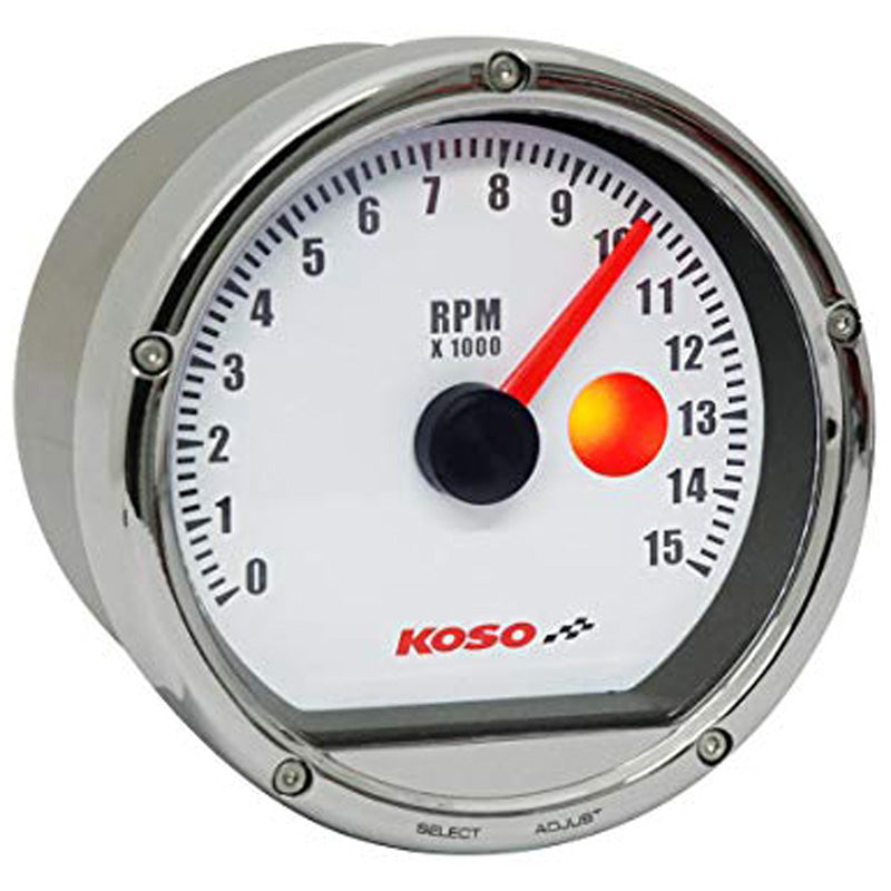KOSO TNT-01R TACHOMETER WHITE FACE / CHROME CASING-H-D BA035102