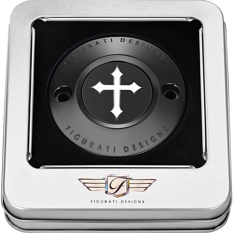 FIGURATI DESIGNS TIMING COVER BLACK WITH CROSS, 2-HOLE FD41-TC-2H-BLK