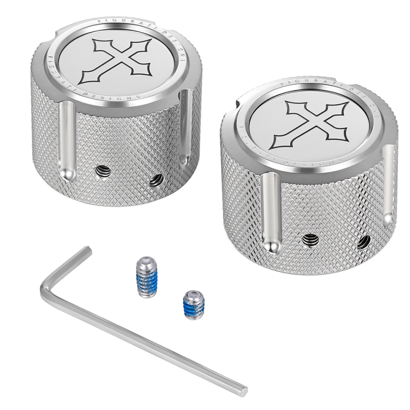 FIGURATI DESIGNS FRONT AXLE NUT COVERS SILVER WITH CROSS FD41-FAC-SS