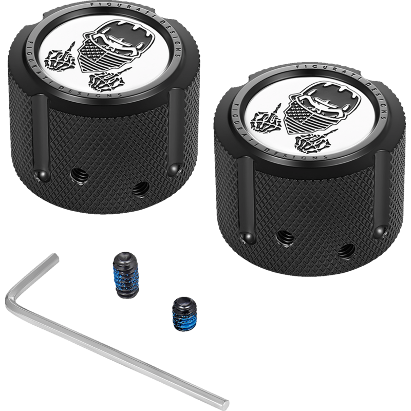 FIGURATI DESIGNS FRONT AXLE NUT COVERS BLACK WITH MASKED SKULL FD29-FAC-BLK
