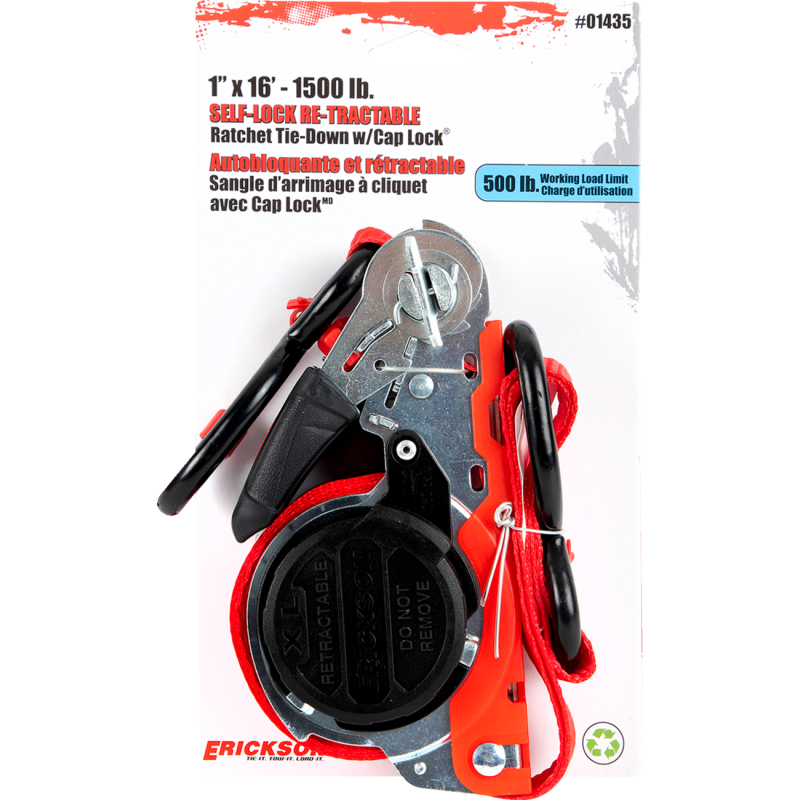 ERICKSON 1X16 1500LB SELF LOCK RETRACTABLE RATCHET STRAP W LOCK HOOK 01435
