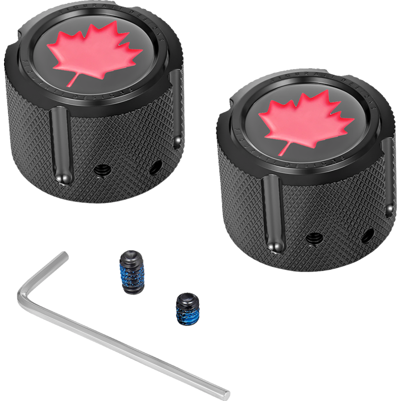 FIGURATI DESIGNS RED MAPLE LEAF FRONT AXLE NUT COVER BLACK FD03-FAC-BK
