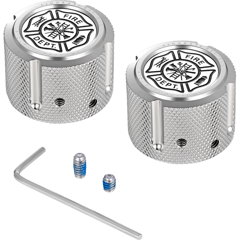 FIGURATI DESIGNS FRONT AXLE NUT COVERS SILVER WITH MALTESE CROSS-FIRE FD74-FAC-SS