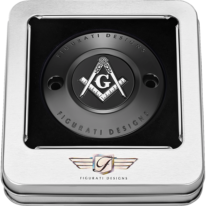 FIGURATI DESIGNS TIMING COVER BLACK WITH MASONIC EMBLEM, 2-HOLE FD42-TC-2H-BLK