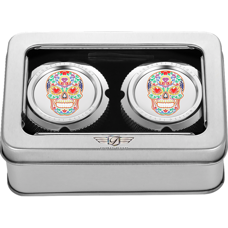 FIGURATI DESIGNS FRONT AXLE NUT COVERS SILVER WITH SUGAR SKULLS FD30-FAC-SS