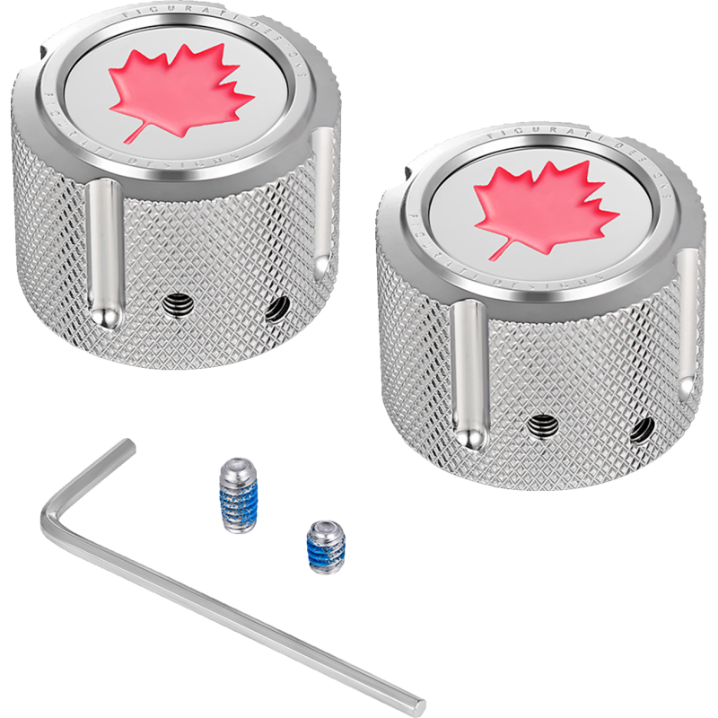 FIGURATI DESIGNS RED MAPLE LEAF FRONT AXLE NUT COVER SILVER FD03-FAC-SS