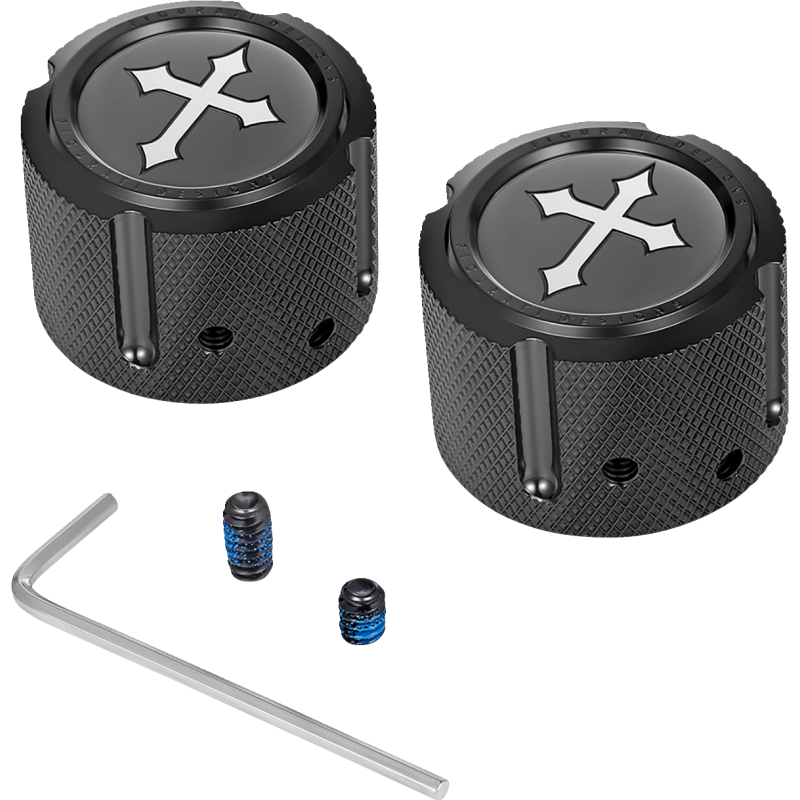 FIGURATI DESIGNS FRONT AXLE NUT COVERS BLACK WITH CROSS FD41-FAC-BLK