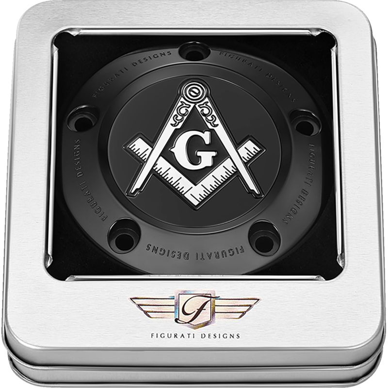 FIGURATI DESIGNS TIMING COVER BLACK WITH MASONIC EMBLEM, 5-HOLE FD42-TC-5H-BLK