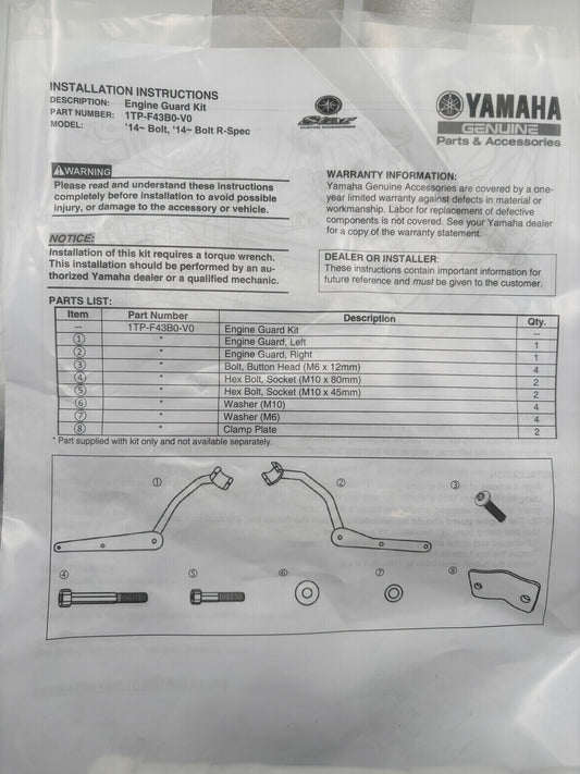 YAMAHA ENGINE GUARD KIT 1TP-F43B0-V0-00 YBOX
