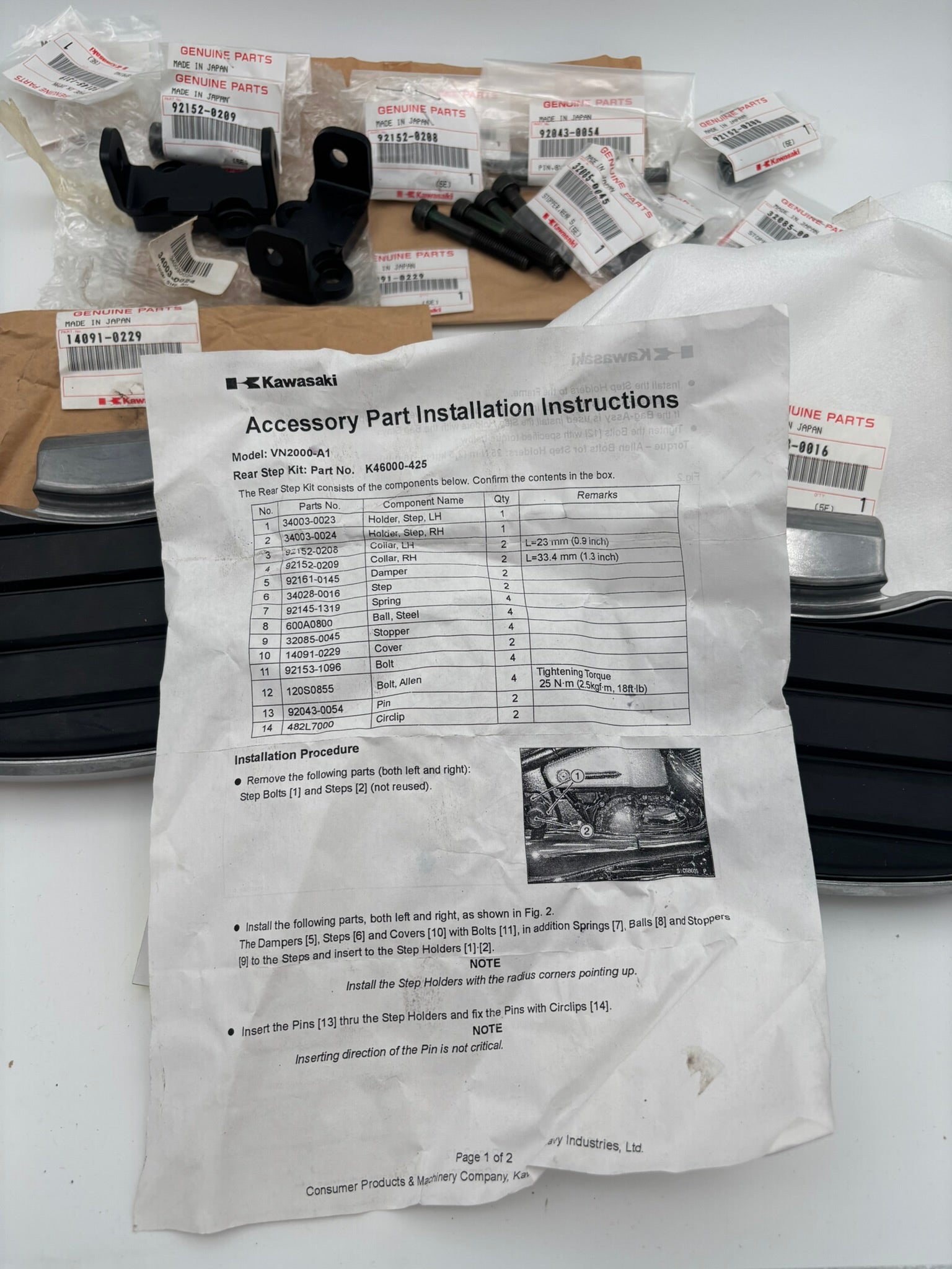 KAWASAKI VN1200 PASSENGER FLOORBOARD KIT SUB K46000-427 K46000-425 K44