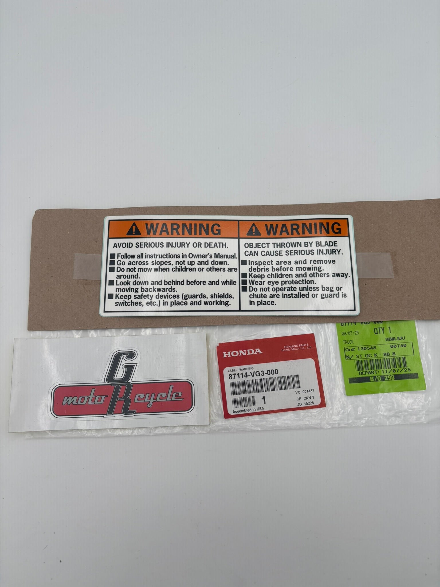 HONDA WARNING LABEL 87114-VG3-000 H10