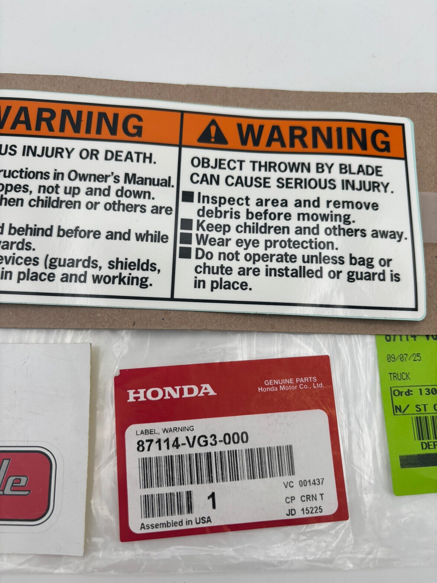 HONDA WARNING LABEL 87114-VG3-000 H10