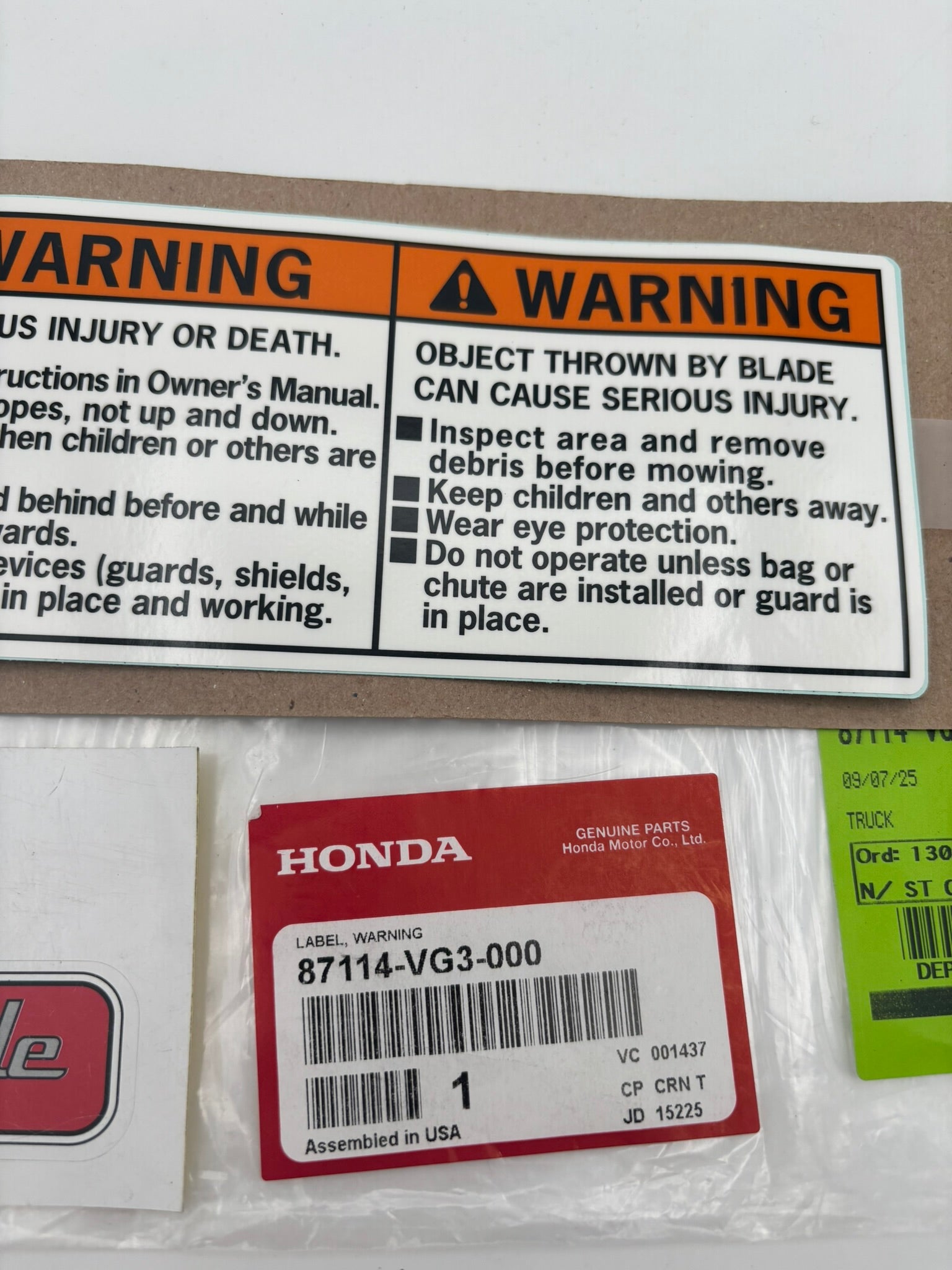 HONDA WARNING LABEL 87114-VG3-000 H10