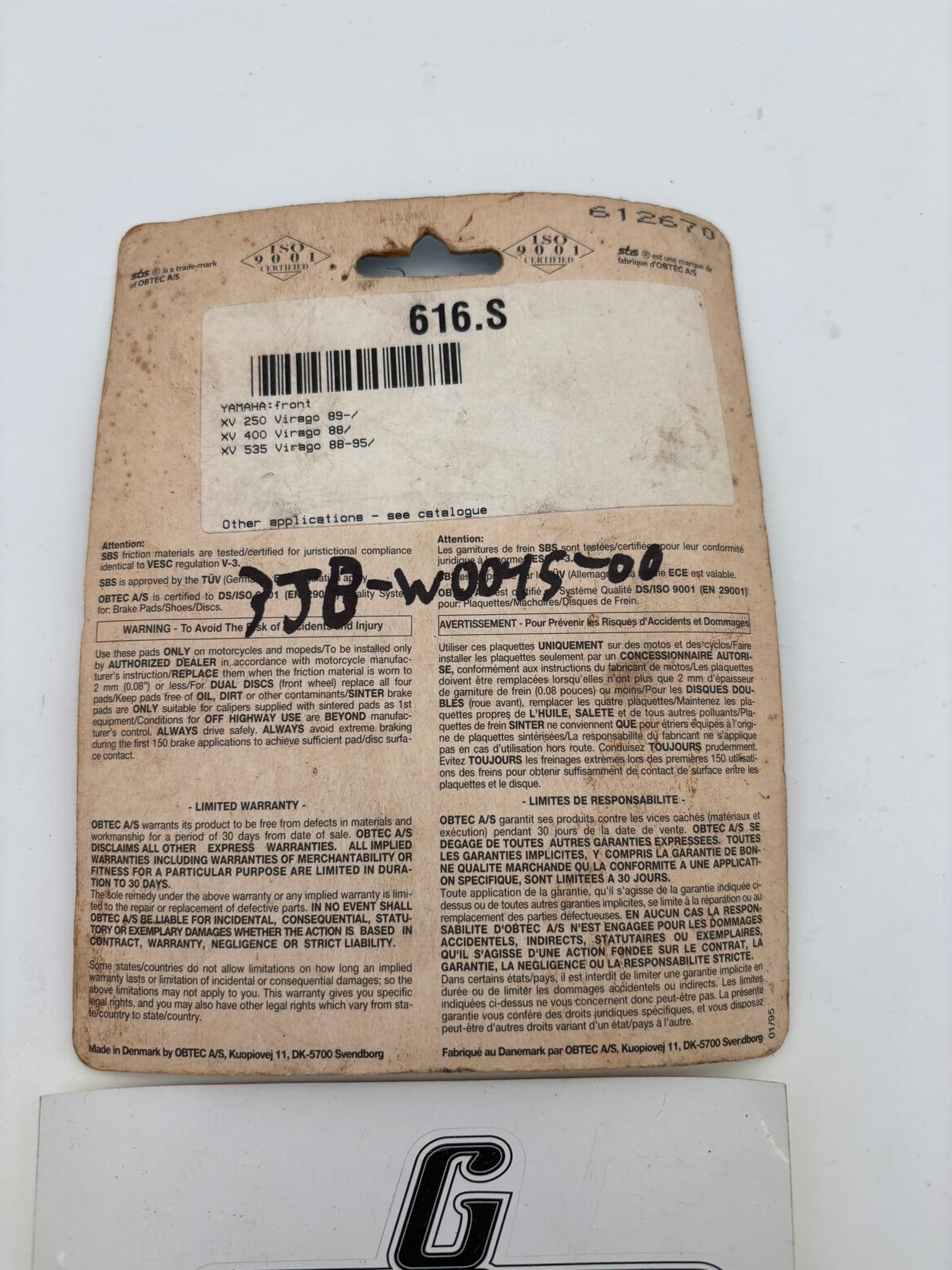 AFTERMARKET SBS FRONT BRAKE PADS 616HF XV250 89 XV400 88 XV535 88-95 SBS616HF J14