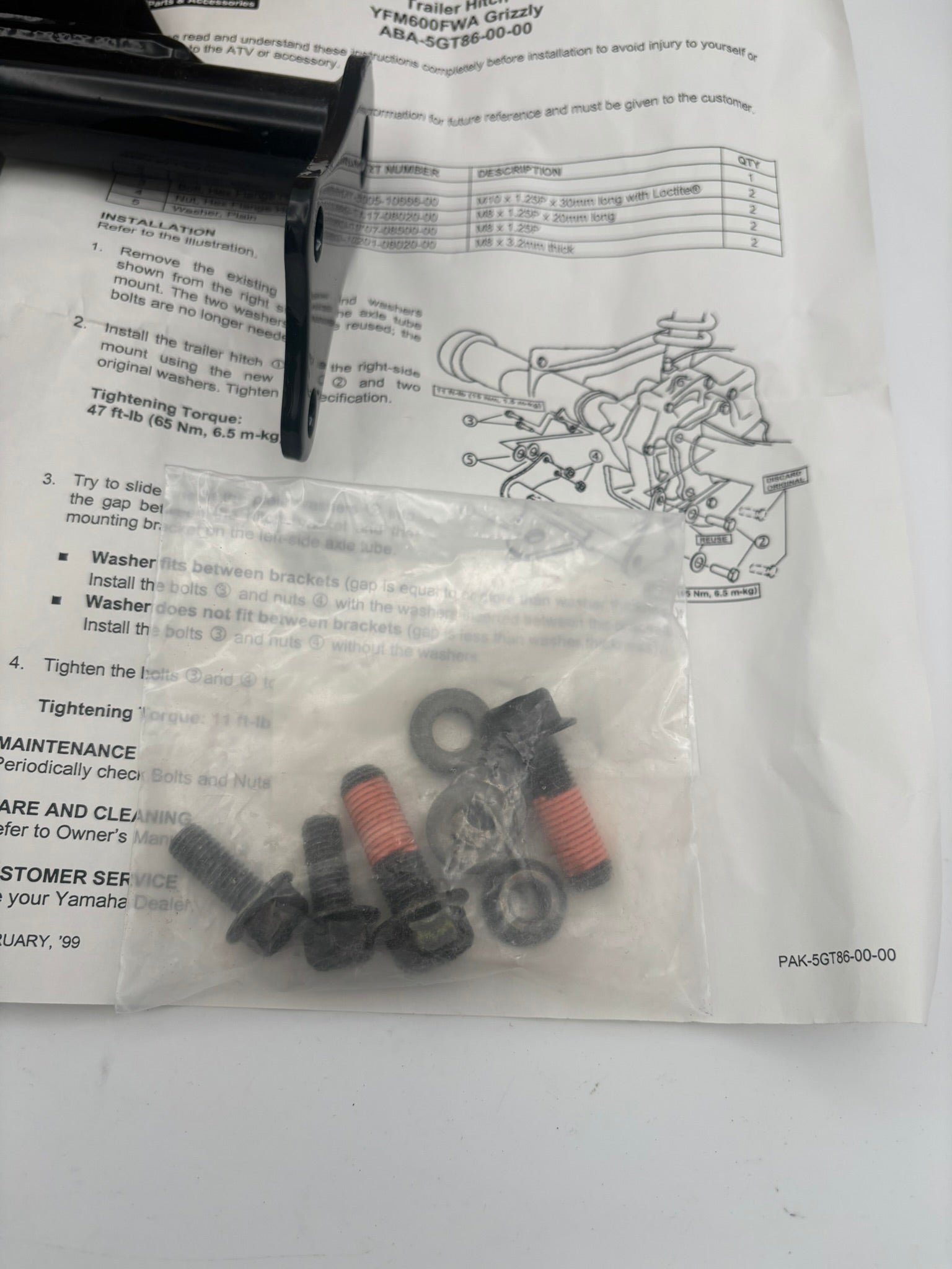 YAMAHA 1998 - 2001 YFM600 GRIZZLY TRAILER HITCH KIT ABA-5GT86-00-00 Y277