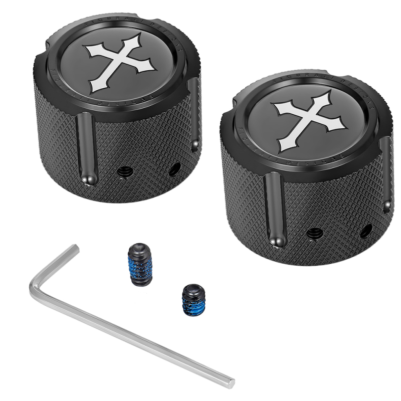 FIGURATI DESIGNS FRONT AXLE NUT COVERS BLACK WITH CROSS FD41-FAC-BLK